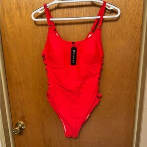 Tempt Me Red One Piece Swimsuit M Lattice Side Adjustable Spaghetti Straps Lined